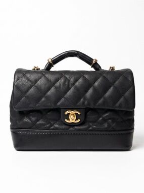 Authentic  CHANEL globe trotter flap Black Quilted Top-Handle Satchel with Gold